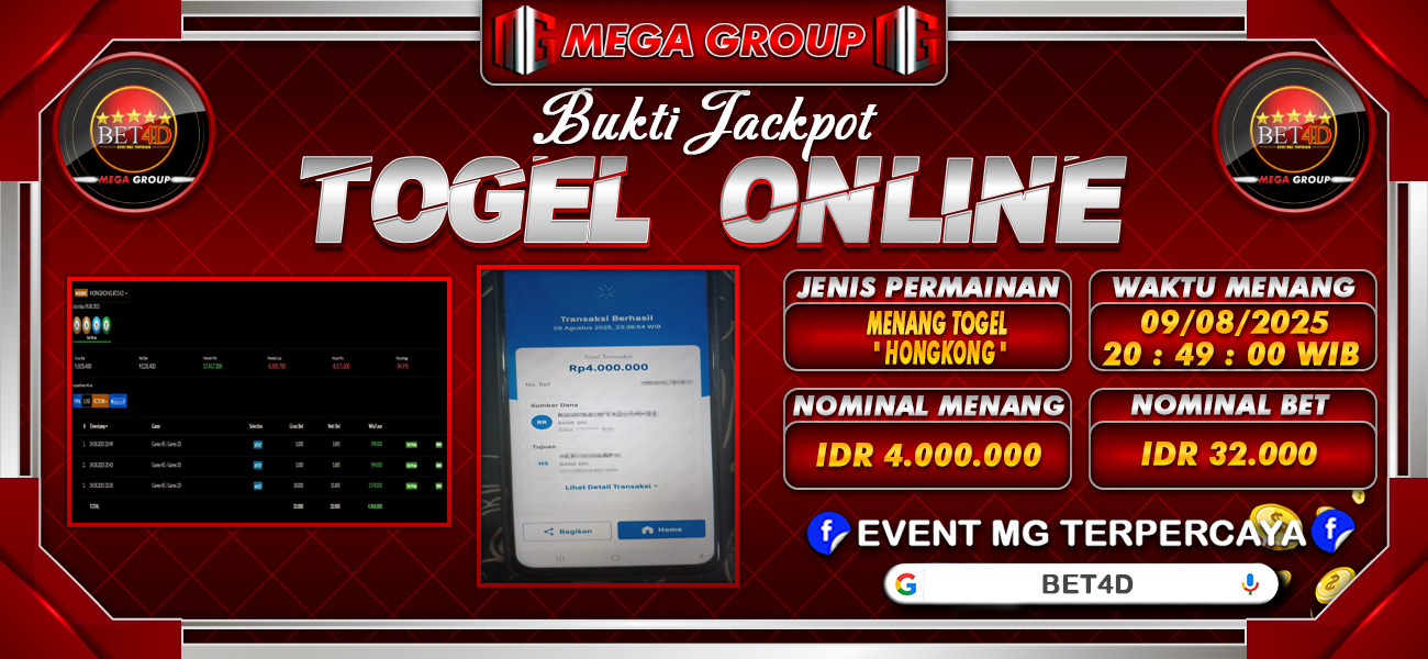 Bukti JP situs Bet4D hari Minggu, 10 Agustus 2025