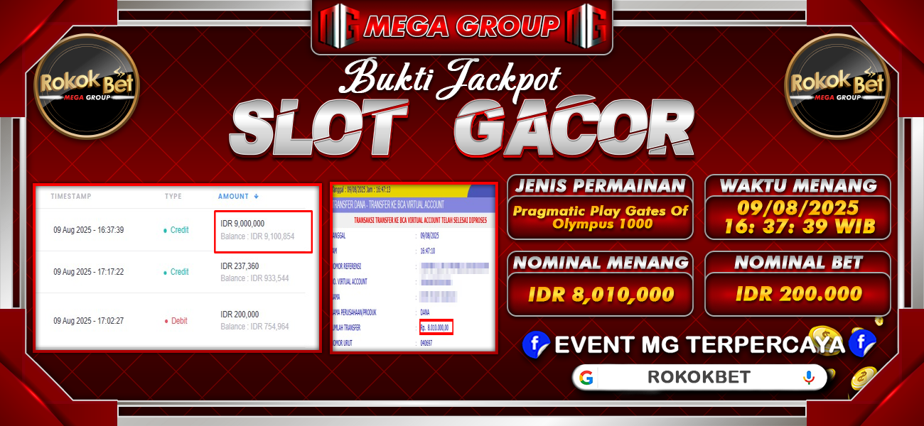 Bukti JP situs Rokokbet hari Sabtu, 09 Agustus 2025