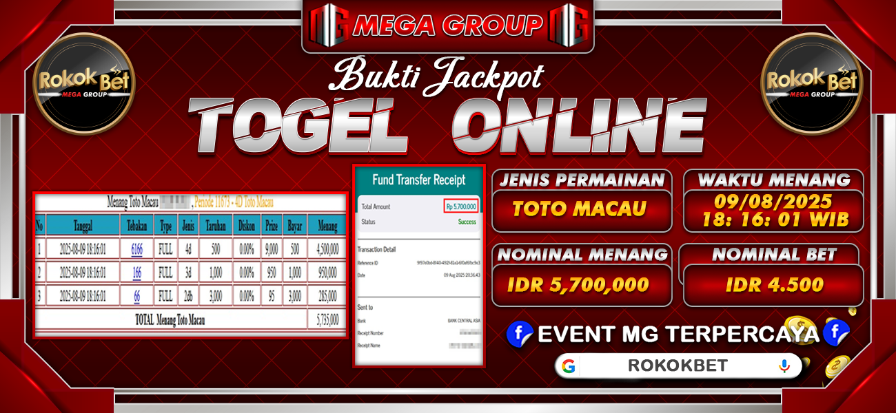 Bukti JP situs Rokokbet hari Sabtu, 09 Agustus 2025