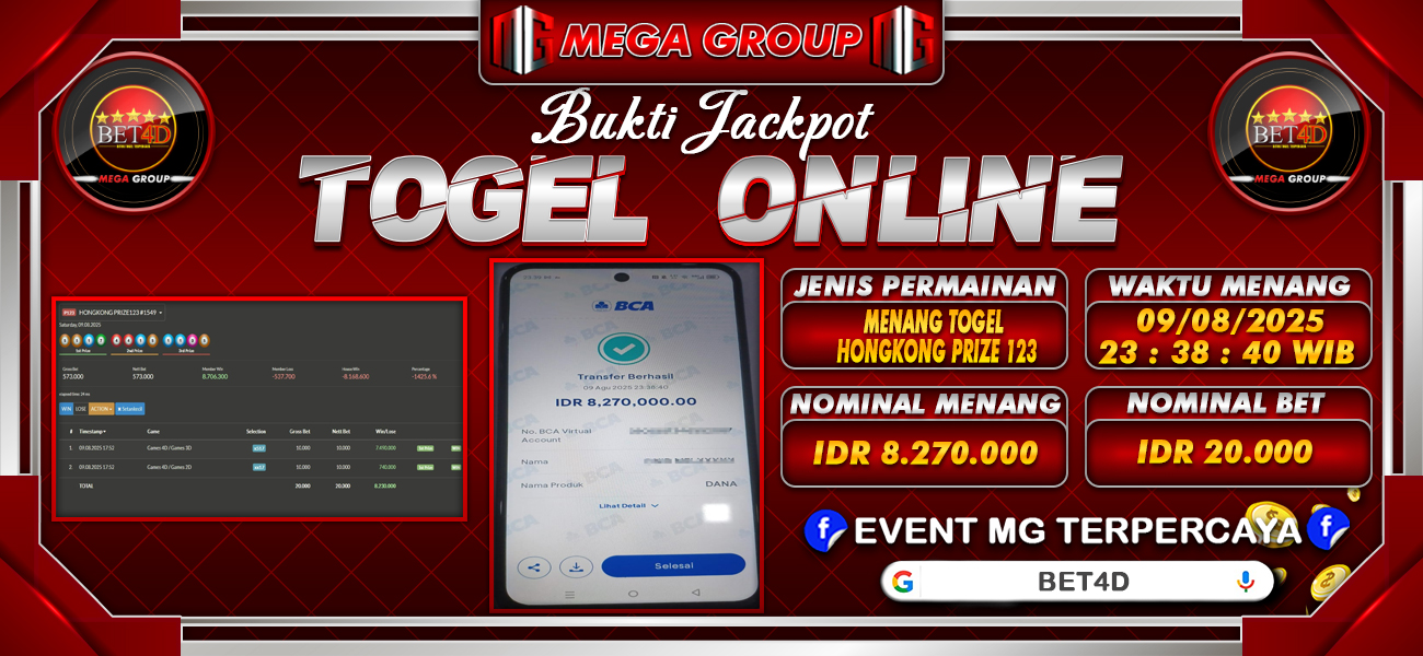 Bukti JP situs Bet4D hari Minggu, 10 Agustus 2025