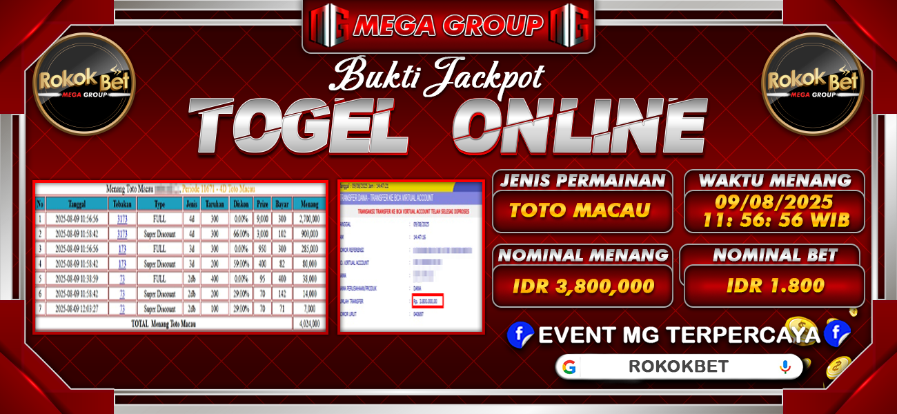 Bukti JP situs Rokokbet hari Sabtu, 09 Agustus 2025