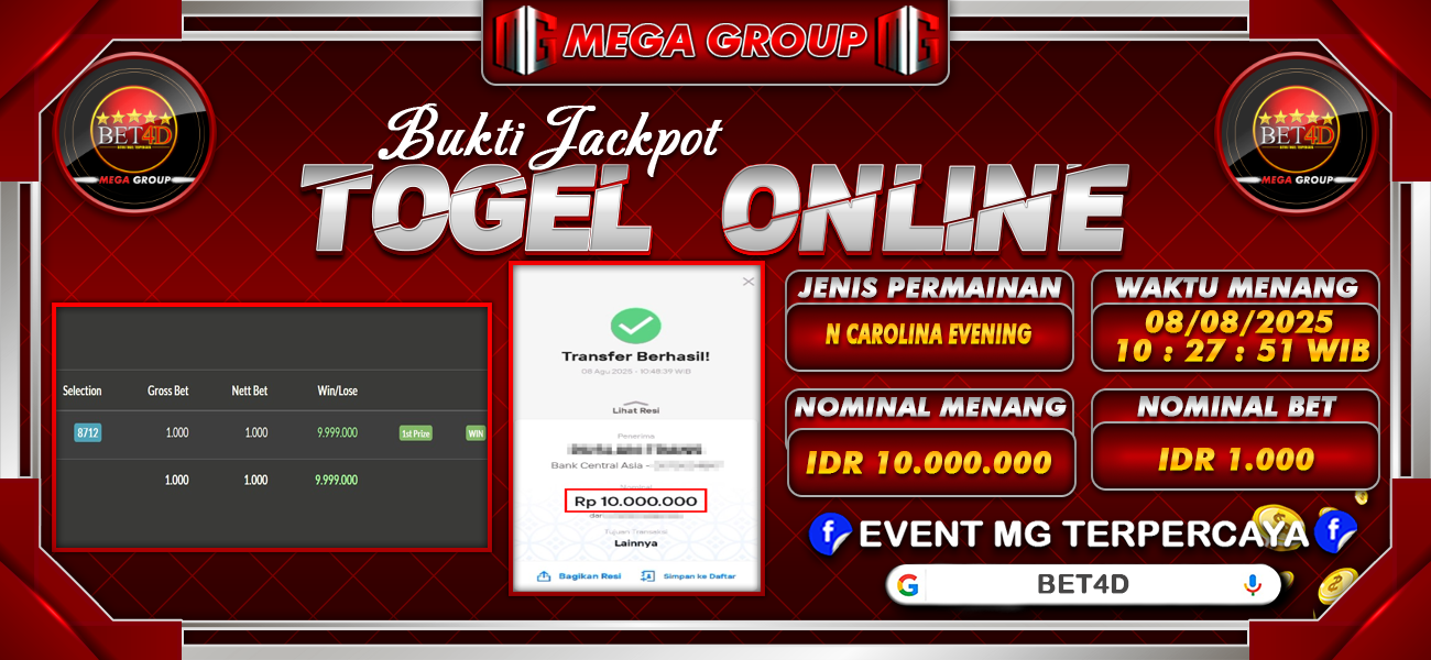 Bukti JP situs Bet4D hari Jumat, 08 Agustus 2025