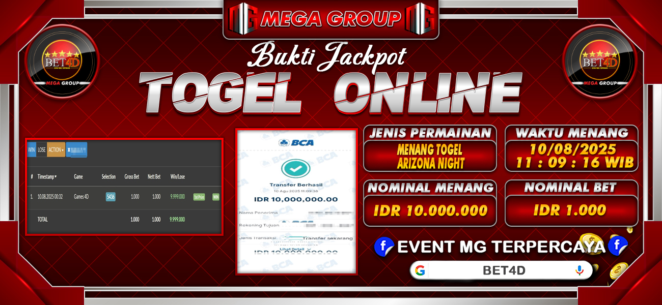 Bukti JP situs Bet4D hari Minggu, 10 Agustus 2025